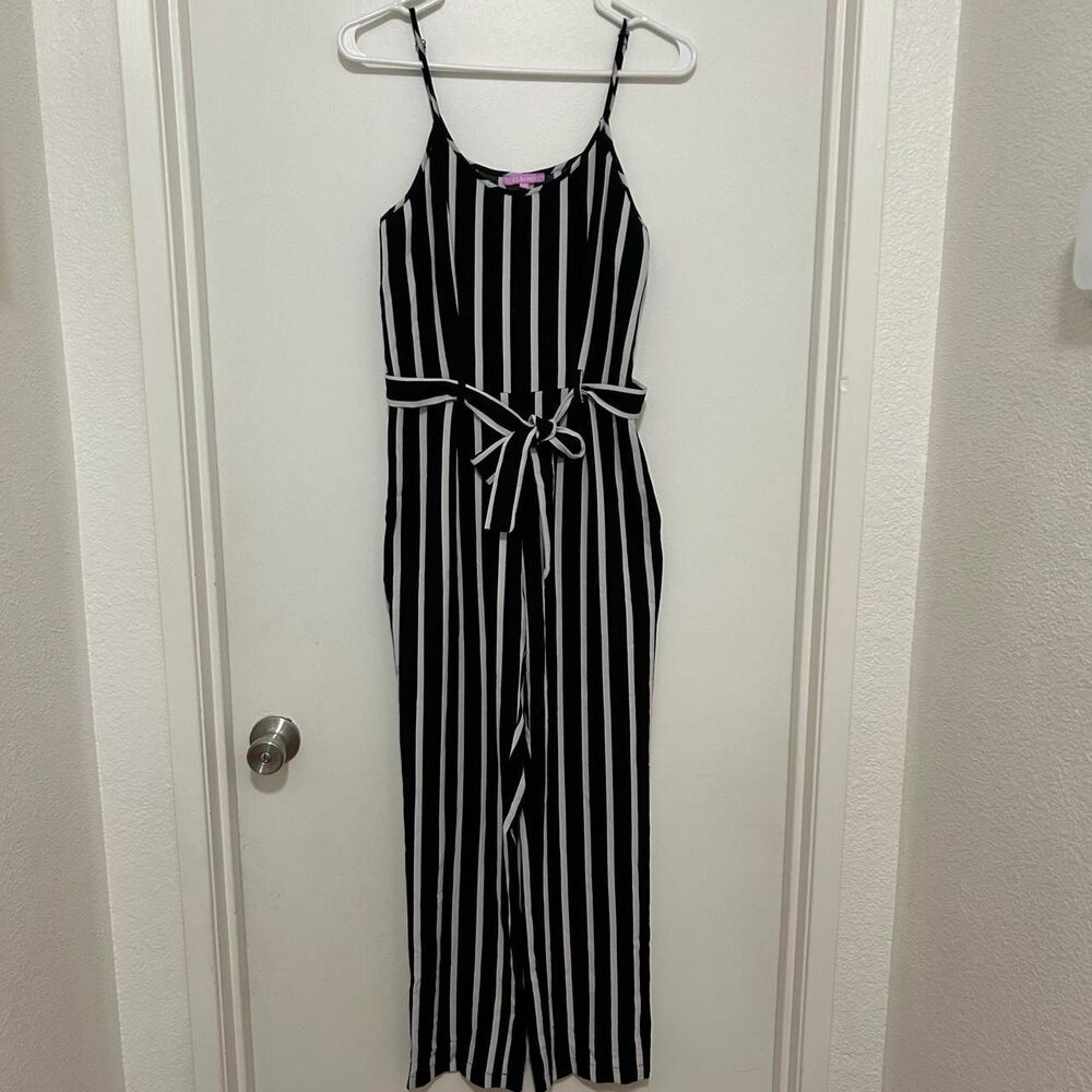 Ci-Sono Women's Jumpsuit White Black Vertical Striped Tie Waist Wide Leg XSmall